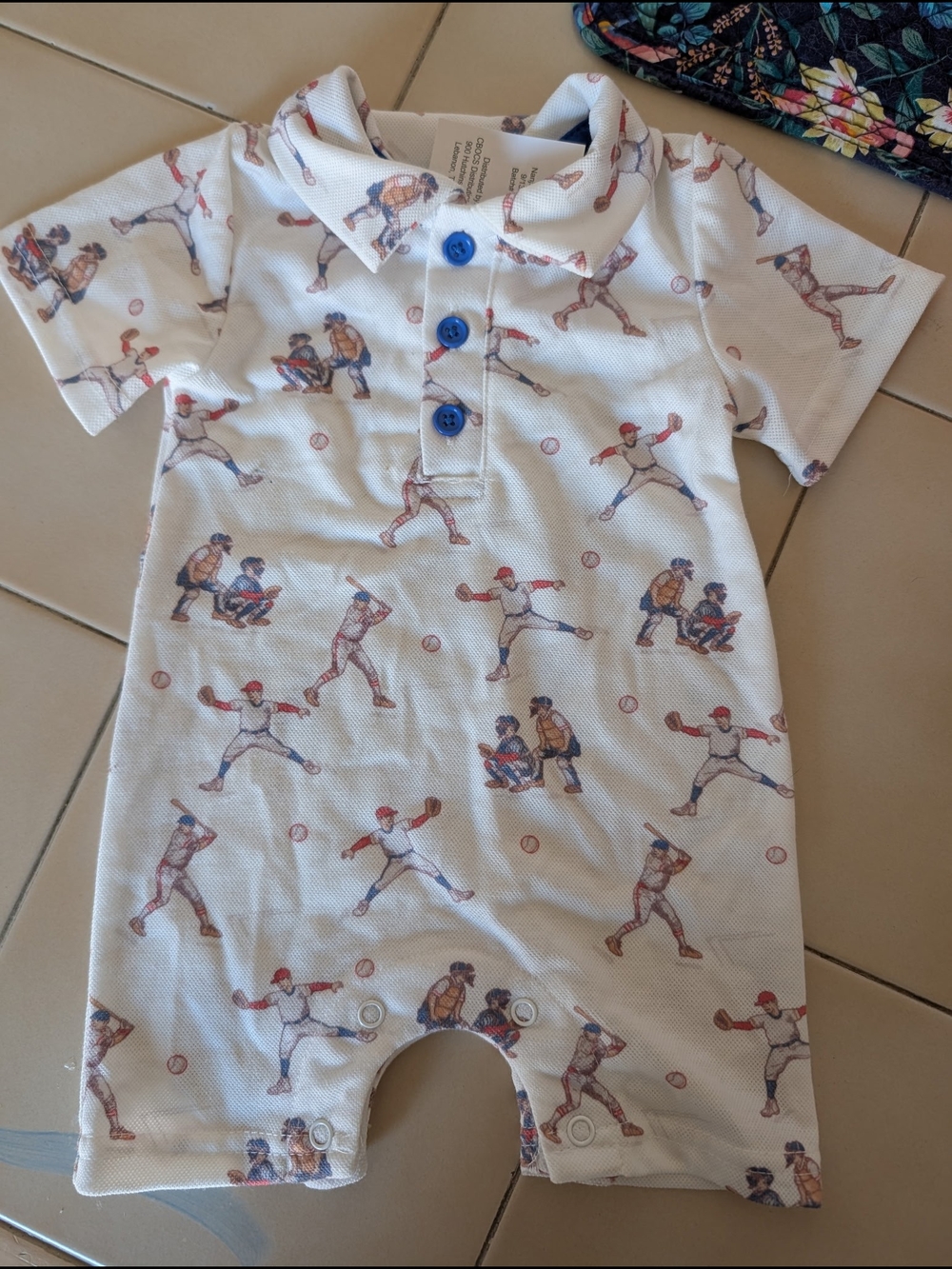 White Baseball Print Polo Footie for Kids 3months